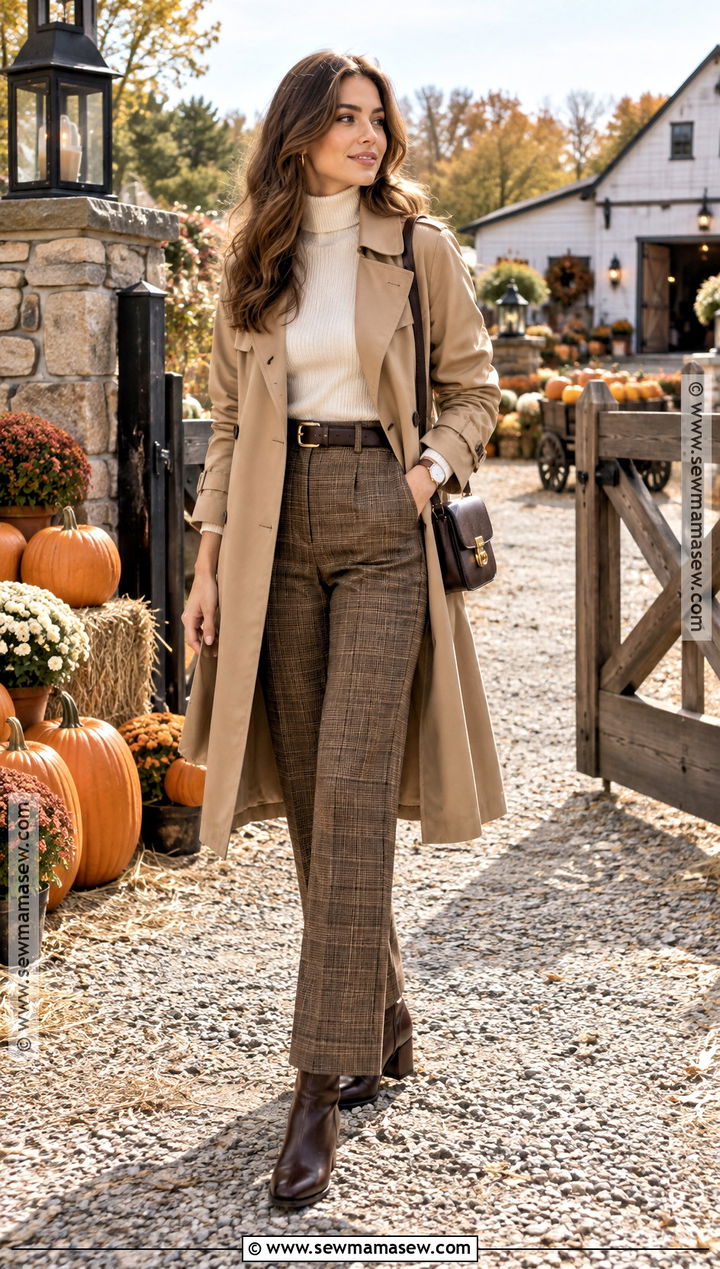 Trench Coat With A Turtleneck And Trousers - 15 Pumpkin Patch Outfit Ideas for Women 2026
