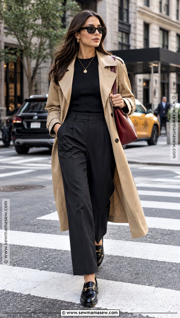 Trench Coat With All Black Layers and Red Bag - 20 New York October Outfit Ideas