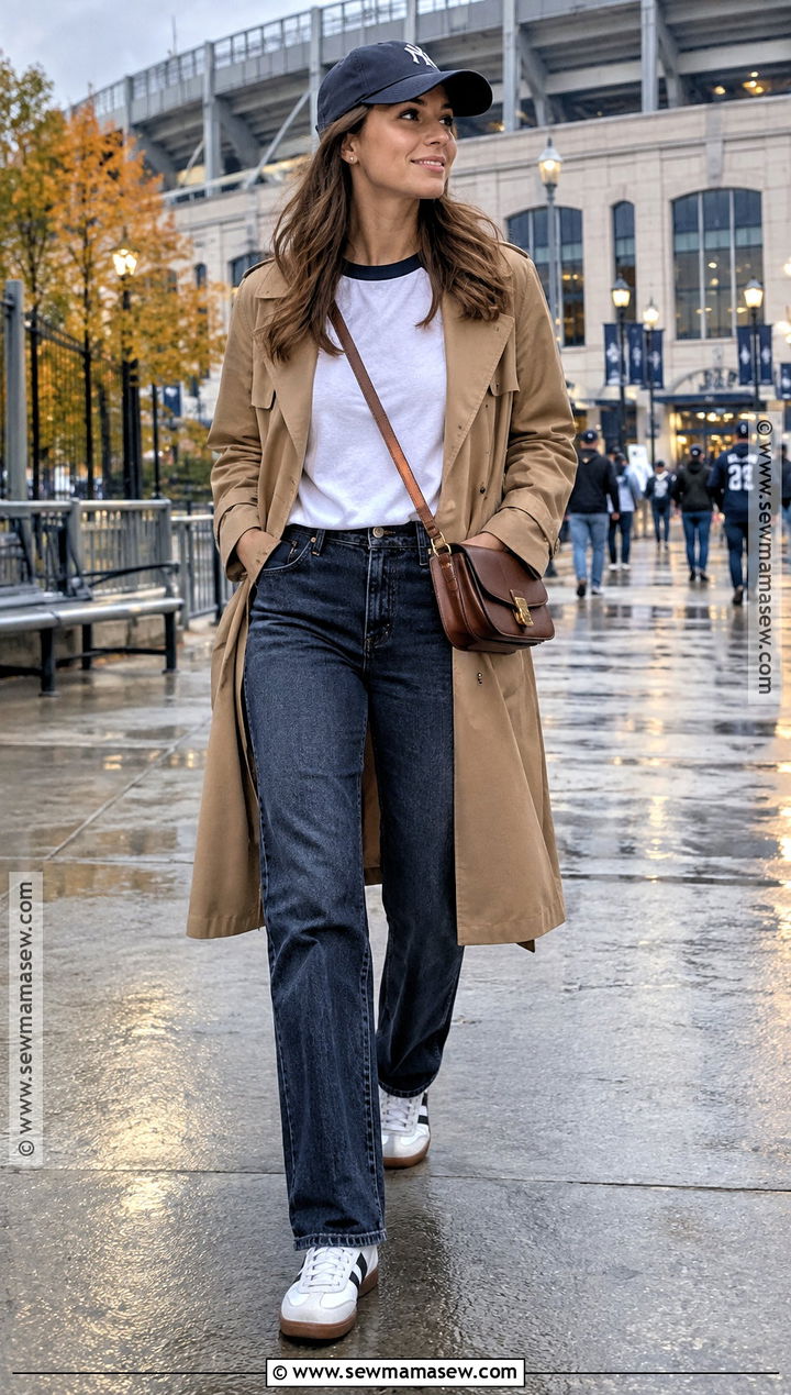 Trench Coat With Baseball Tee And Dark Jeans - 20 baseball game outfit fall ideas