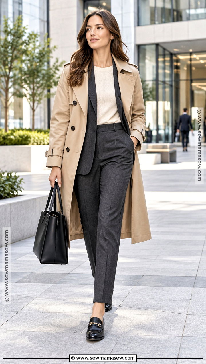 Trench Coat With Blazer Trousers And Loafers - 15 fall trenchcoat outfit ideas