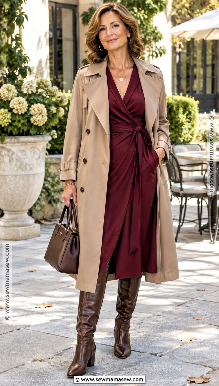 Trench Coat With Burgundy Midi Dress And Boots - 20 Trench Coat Outfit Autumn Ideas
