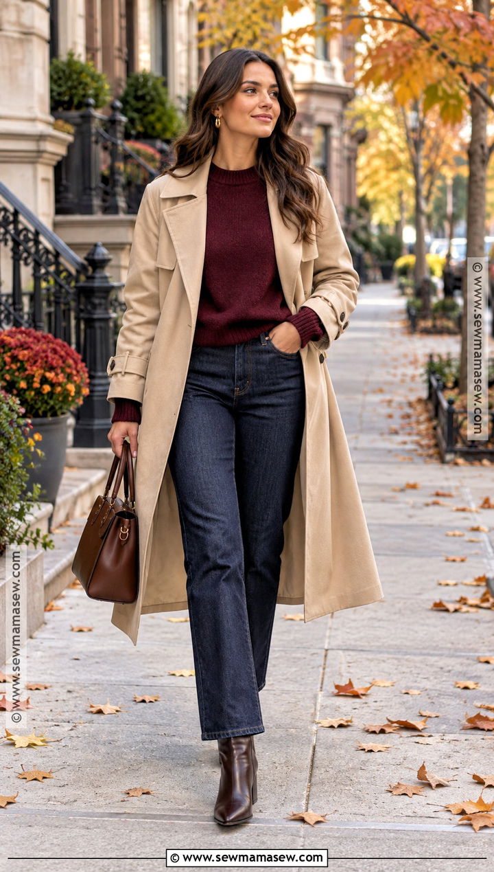 Trench Coat With Burgundy Sweater And Dark Jeans - 15 trench coat outfit 2026 fall ideas