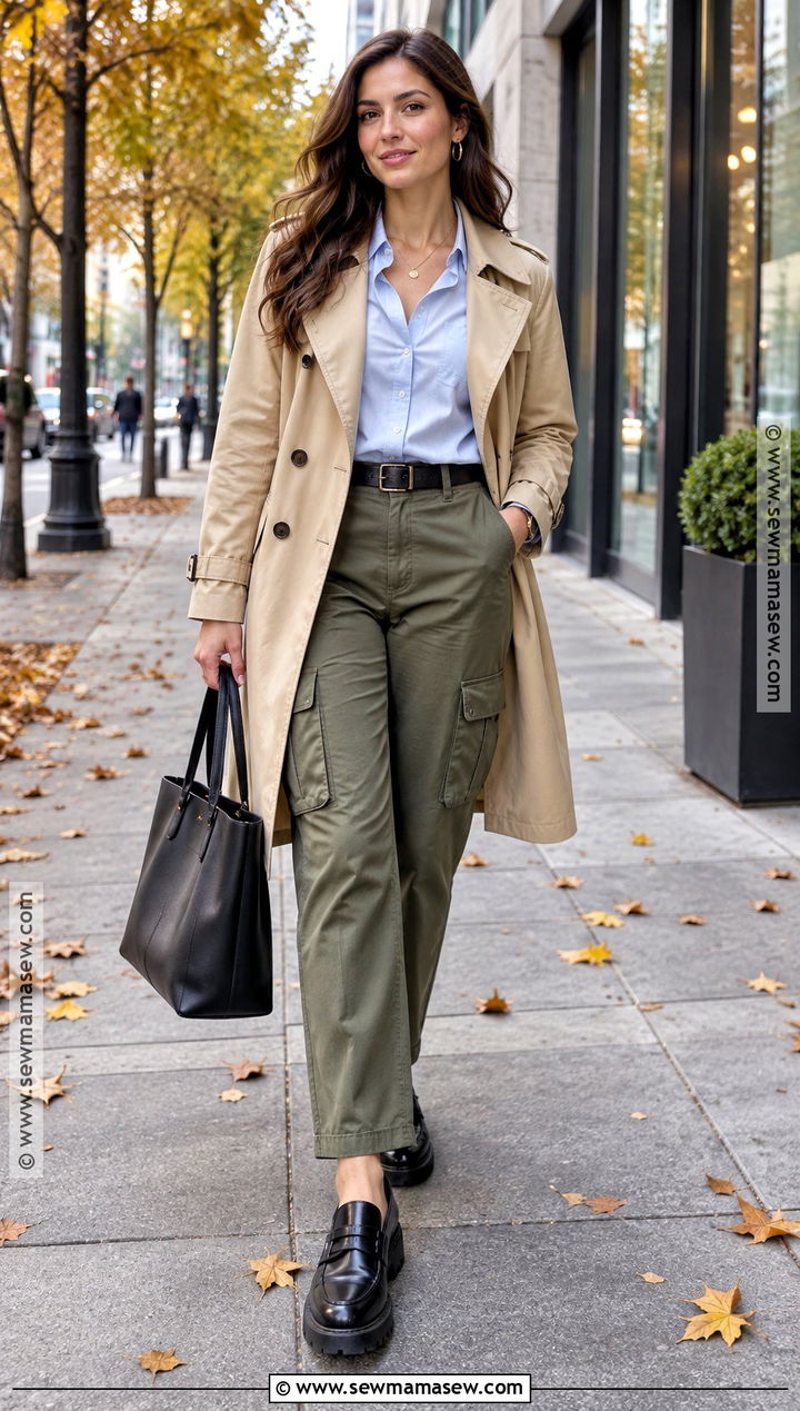 Trench Coat With Button Down Shirt And Cargo Pants - 15 casual fall trench coat ideas