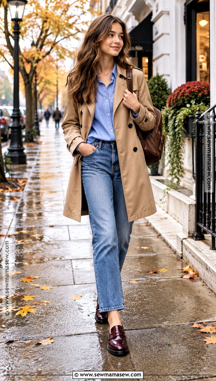 Trench Coat With Button Down Shirt And Jeans - 15 girls fall fashion ideas 2026
