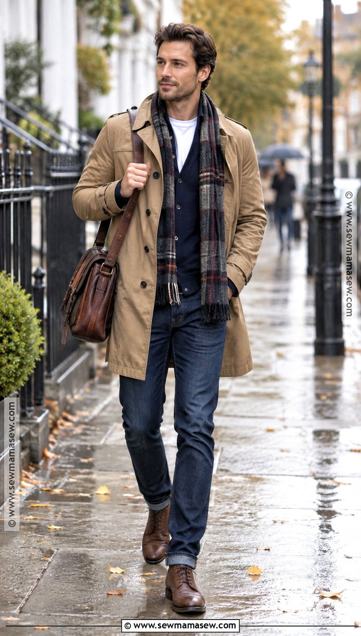 Trench Coat With Cardigan And Dark Denim - 20 fall winter outfits for men