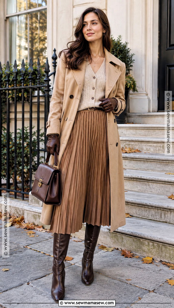 Trench Coat With Cardigan And Midi Skirt - 15 old money style women fall ideas 2026