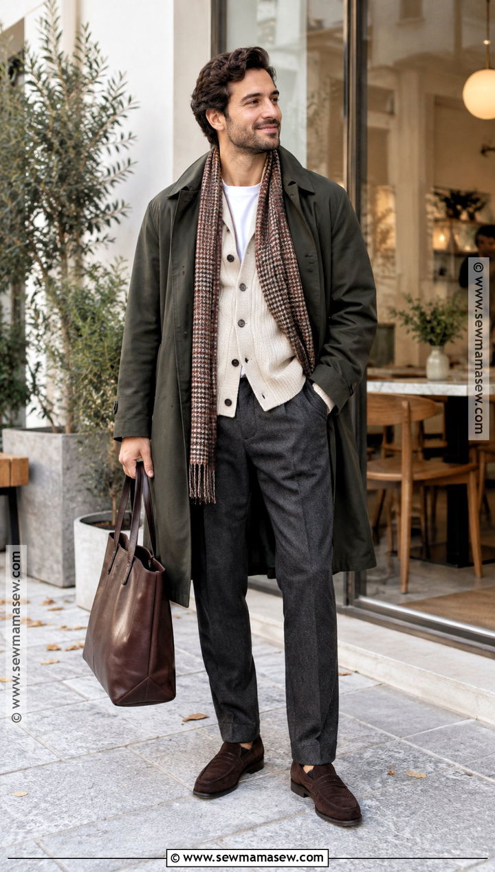 Trench Coat With Cardigan And Wool Trousers - 15 men's autumn trench coat ideas