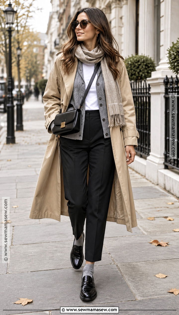 Trench Coat With Cardigan and Tailored Pants - 15 autumn winter capsule wardrobe ideas 2026