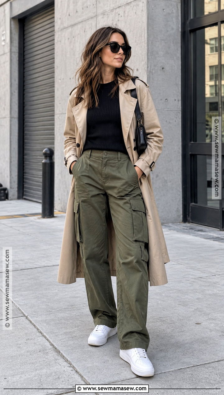 Trench Coat With Cargo Pants And Fitted Knit - 25 fall trench coat outfits