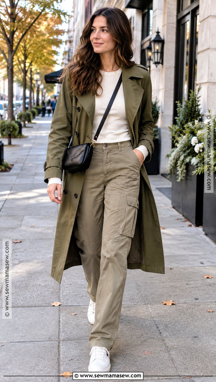 Trench Coat With Cargo Pants And Sneakers - 20 trench coat fall ideas