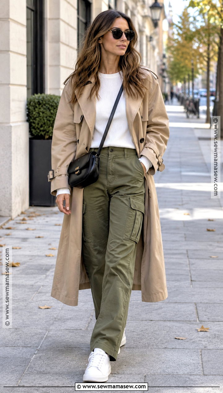 Trench Coat With Cargo Pants And Sneakers - 20 fall outfits trench coat