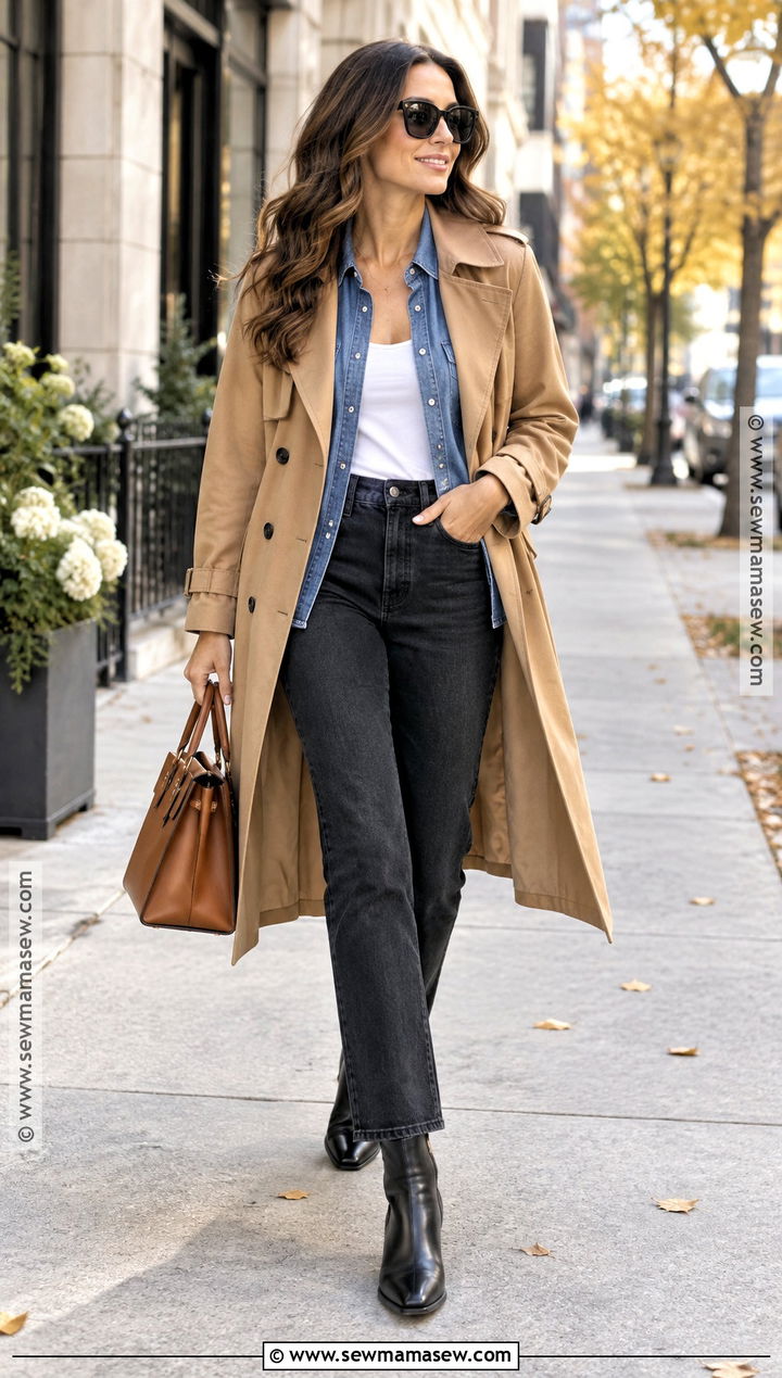 Trench Coat With Denim Shirt And Black Jeans - 15 fall trenchcoat outfit ideas
