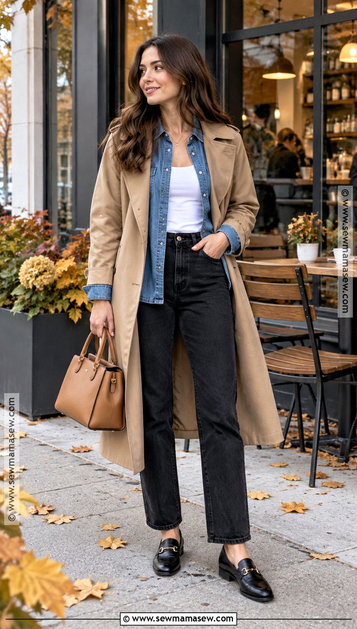 Trench Coat With Denim Shirt And Black Jeans - 20 autumn outfits trench coat