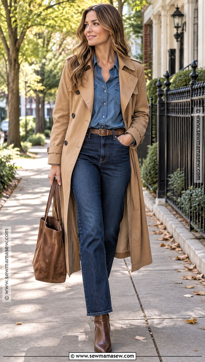 Trench Coat With Denim Shirt And Dark Jeans - 25 trench coat outfit fall ideas