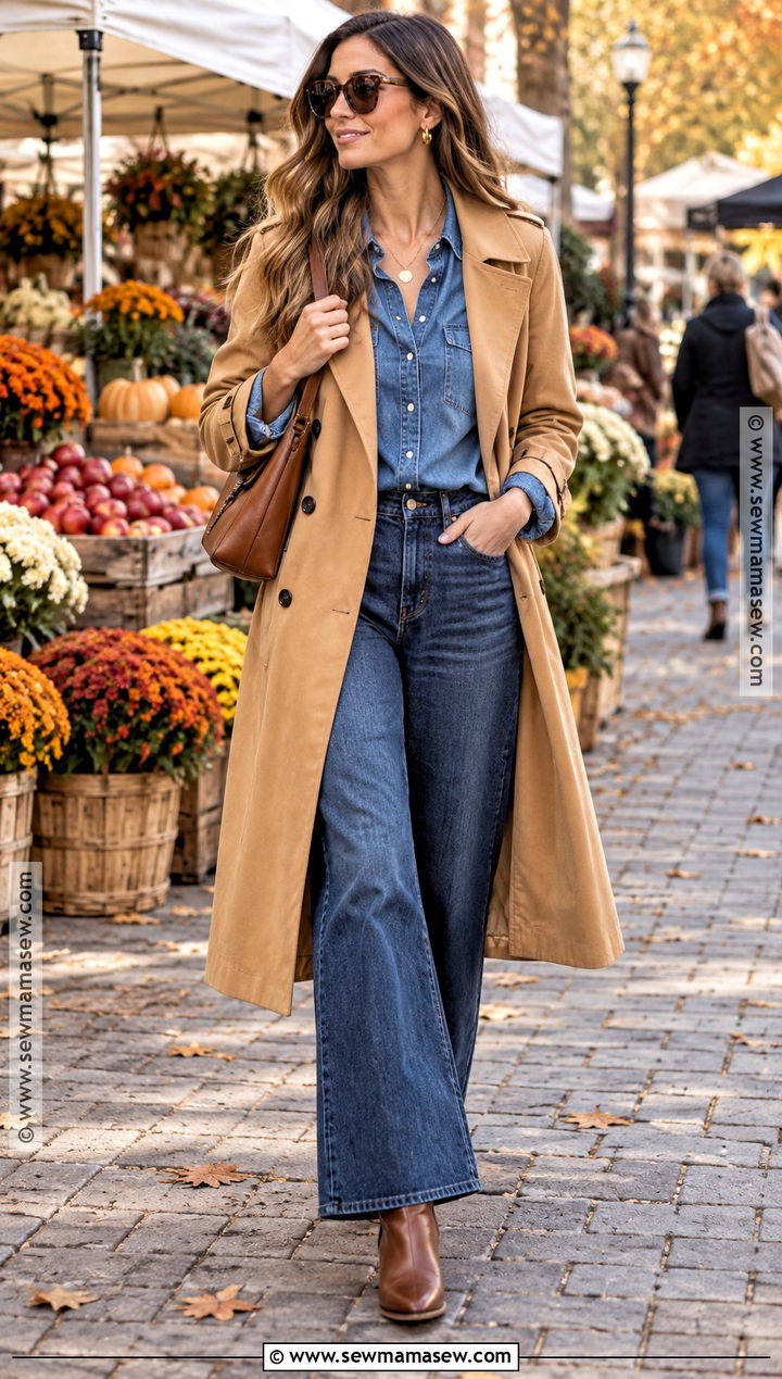 Trench Coat With Denim Shirt And Jeans - 15 trench coat outfit 2026 fall ideas