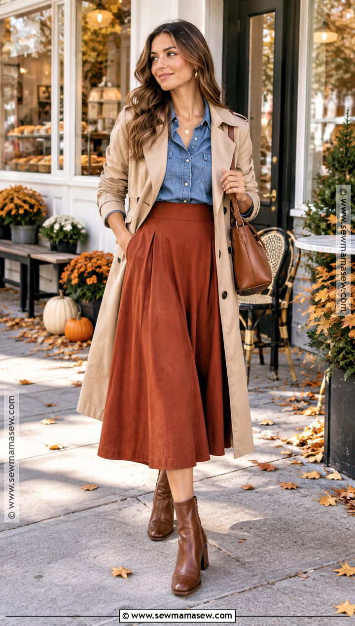 Trench Coat With Denim Shirt And Midi Skirt - 15 autumn fashion outfit with trench coat ideas