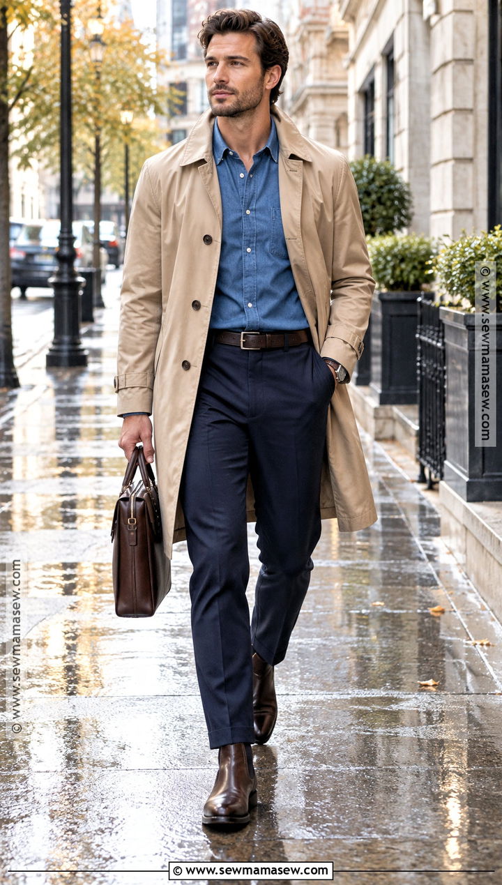 Trench Coat With Denim Shirt And Trousers - 15 dapper fall outfits for men