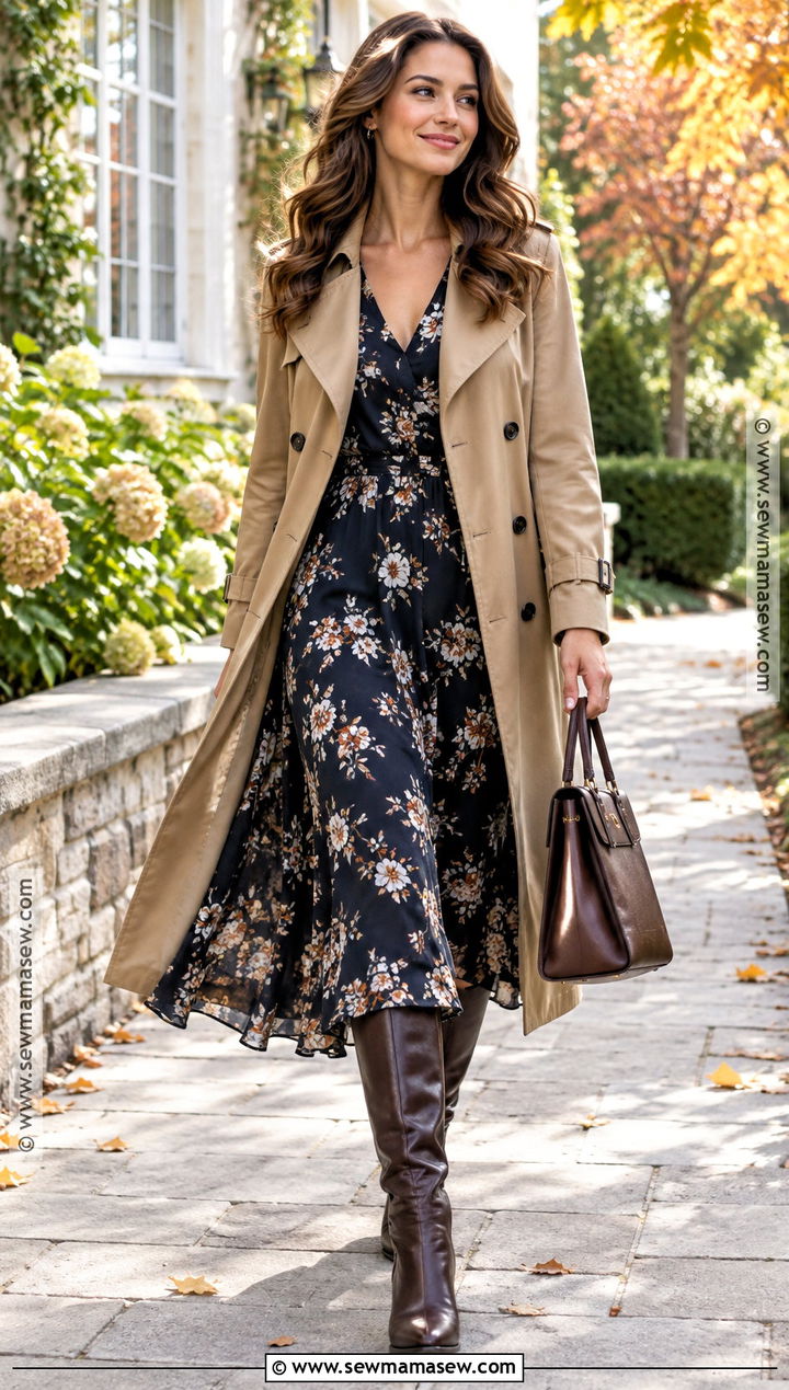 Trench Coat With Floral Midi Dress And Boots - 25 fall trench coat outfits