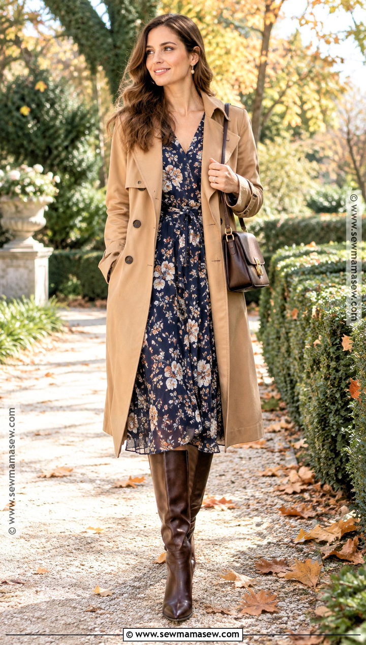Trench Coat With Floral Midi Dress - 20 trench coat fall ideas