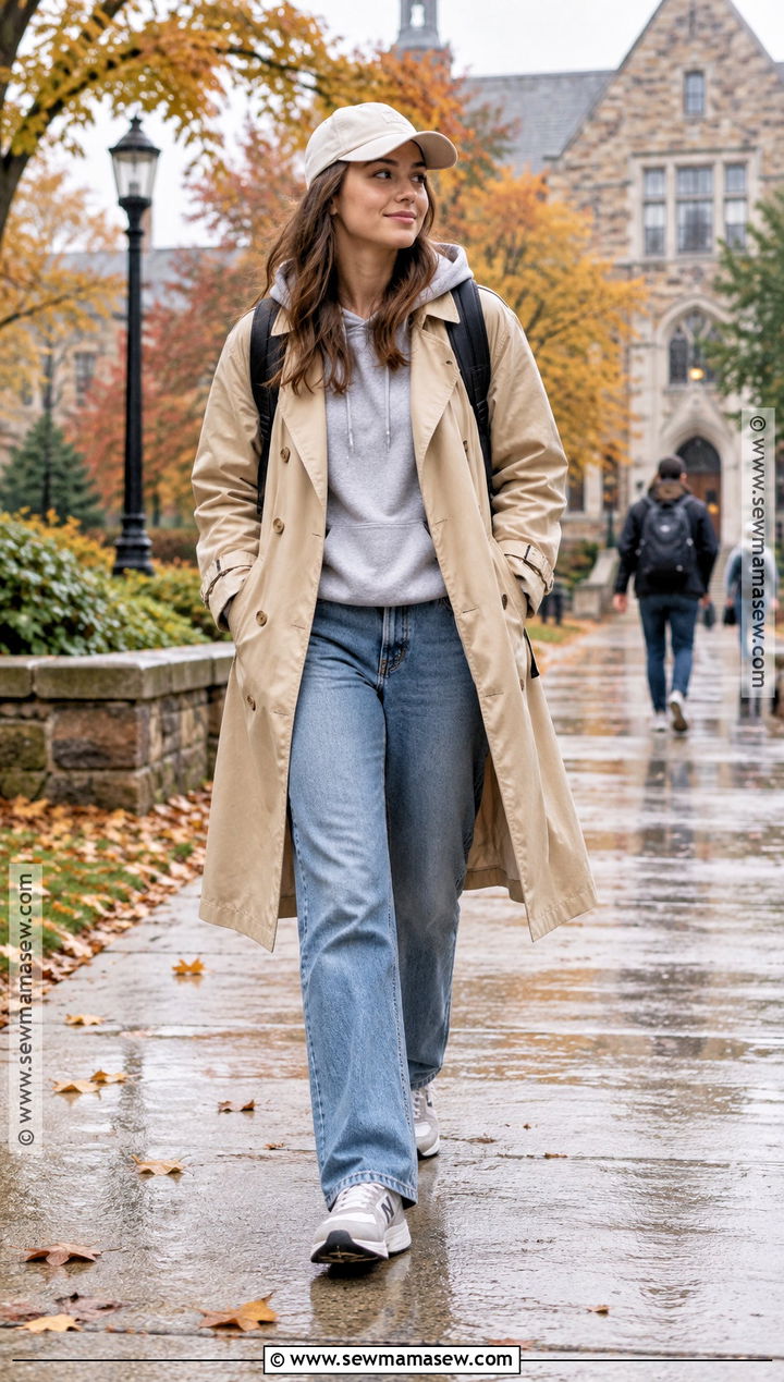 Trench Coat With Hoodie And Relaxed Jeans - 20 outfits for fall school