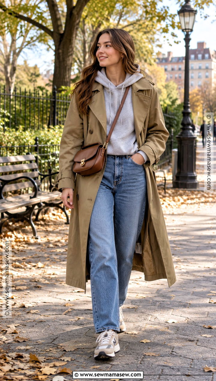 Trench Coat With Hoodie And Relaxed Jeans - 20 autumn outfits trench coat