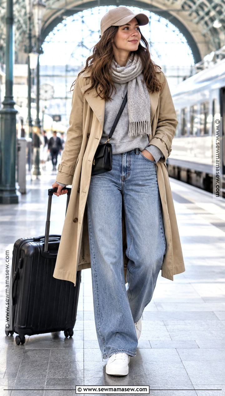 Trench Coat With Hoodie And Wide Leg Jeans - 20 winter and fall outfits