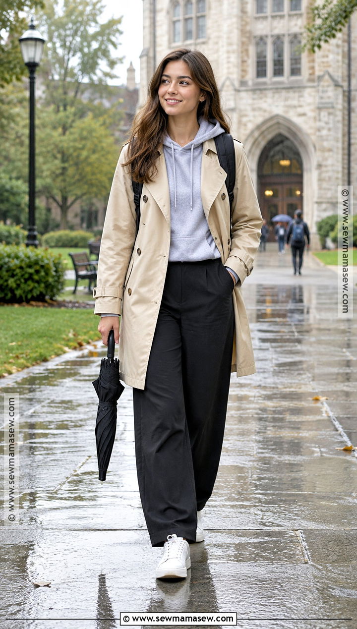 Trench Coat With Hoodie And Wide Leg Pants - 15 fall outfits college comfy