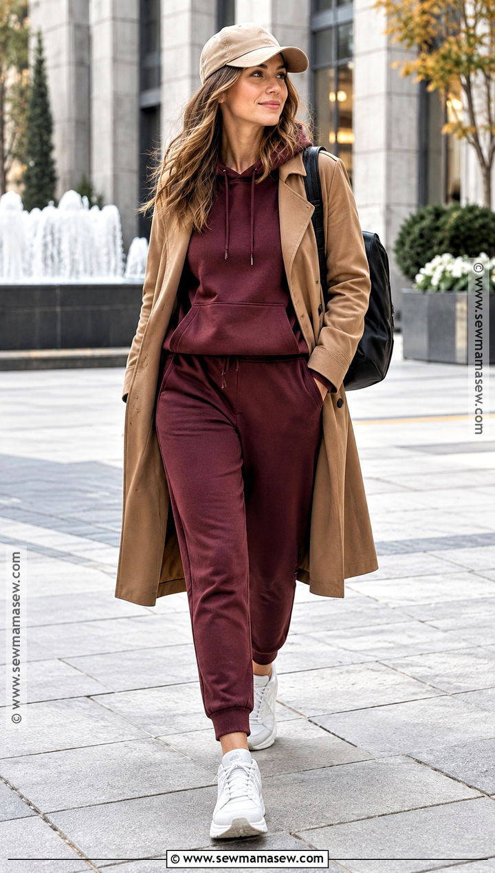Trench Coat With Hoodie Joggers and Running Shoes - 20 Simple Fall Outfits for Moms