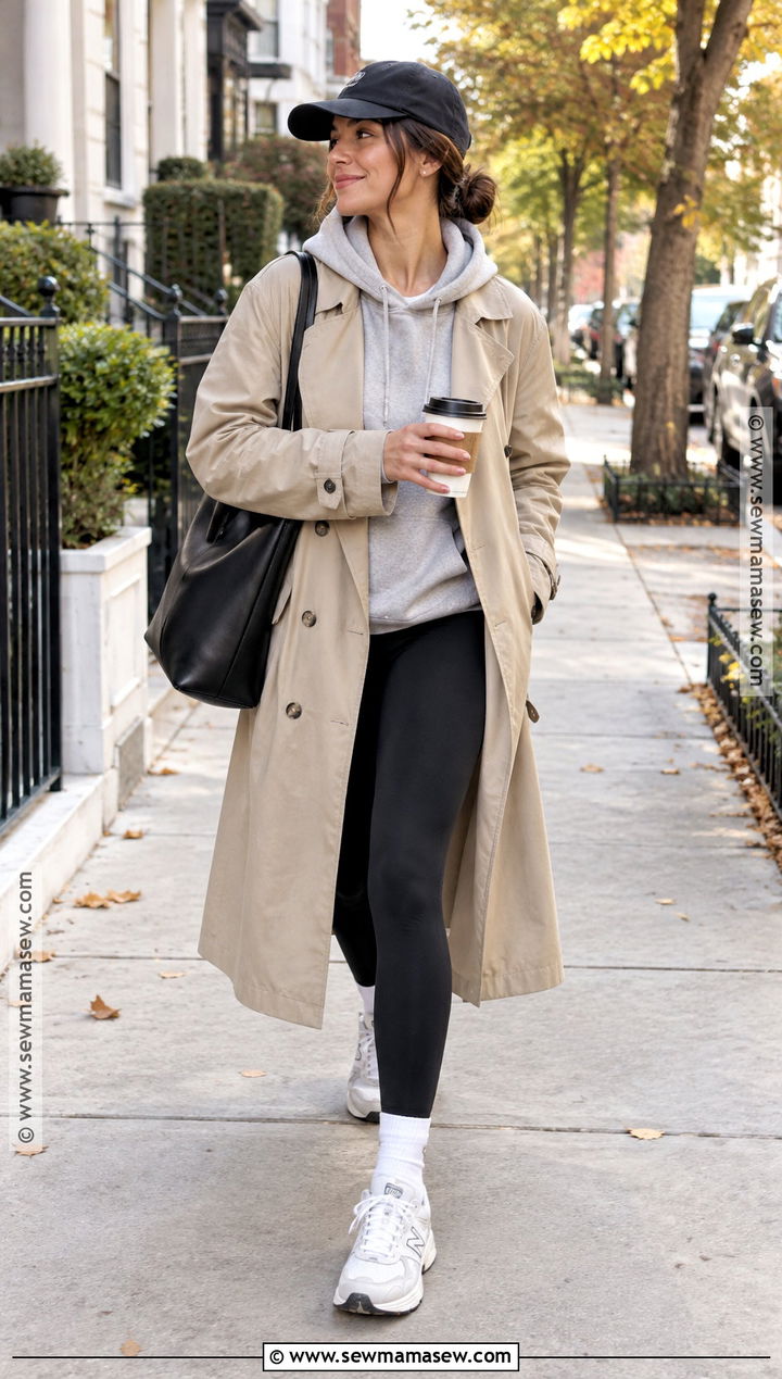 Trench Coat With Hoodie Leggings And Sneakers - 15 fall trenchcoat outfit ideas