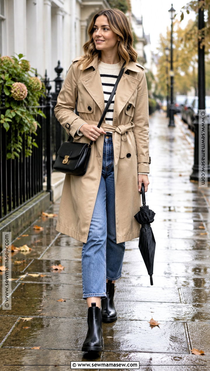 Trench Coat With Jeans And Rain Boots - 15 Autumn Outfit With Rain Boots