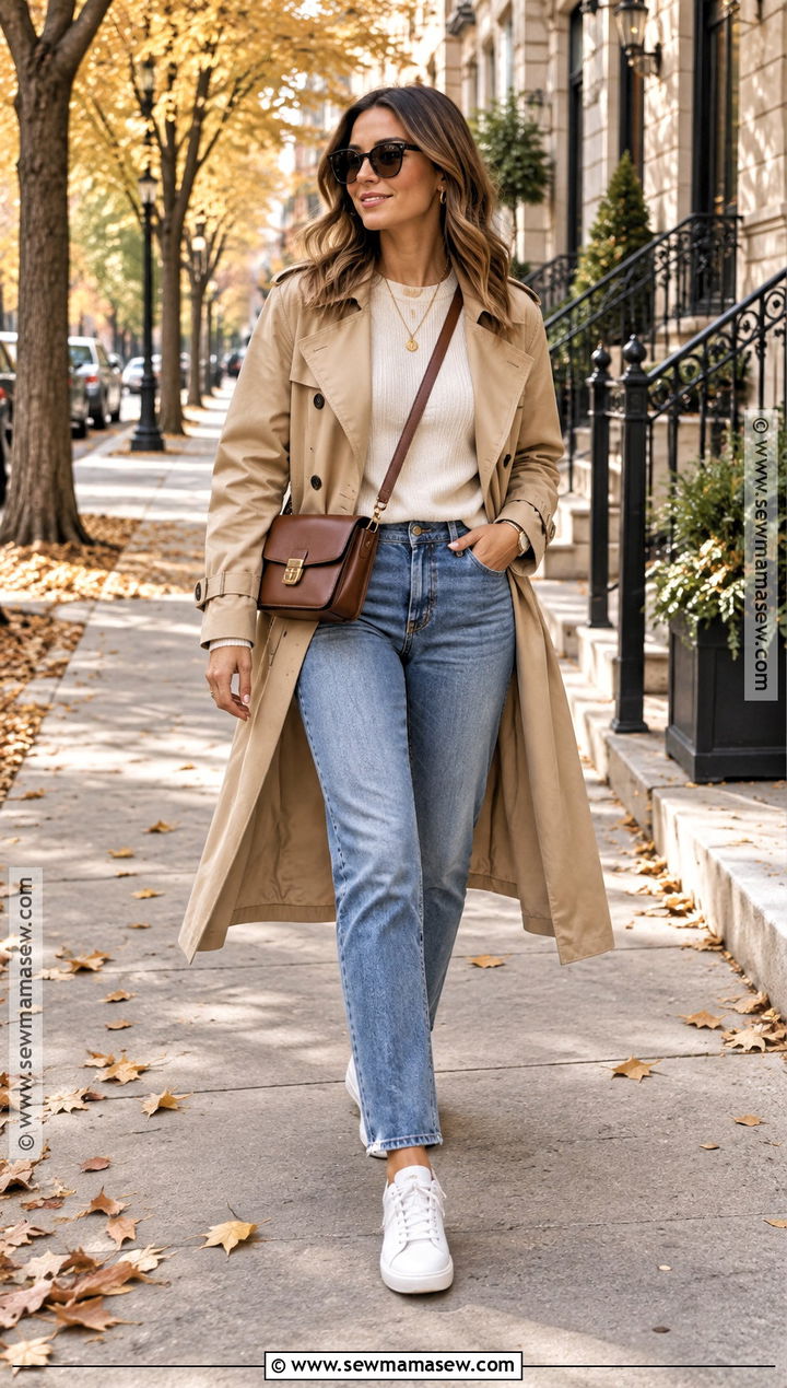Trench Coat With Jeans And Sneakers - 15 fall fashion with sneakers