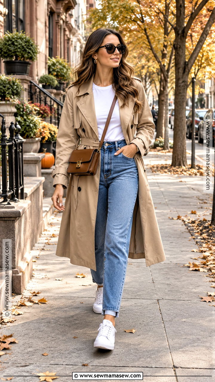 Trench Coat With Jeans And Sneakers - 20 Coat Fall Outfit Ideas