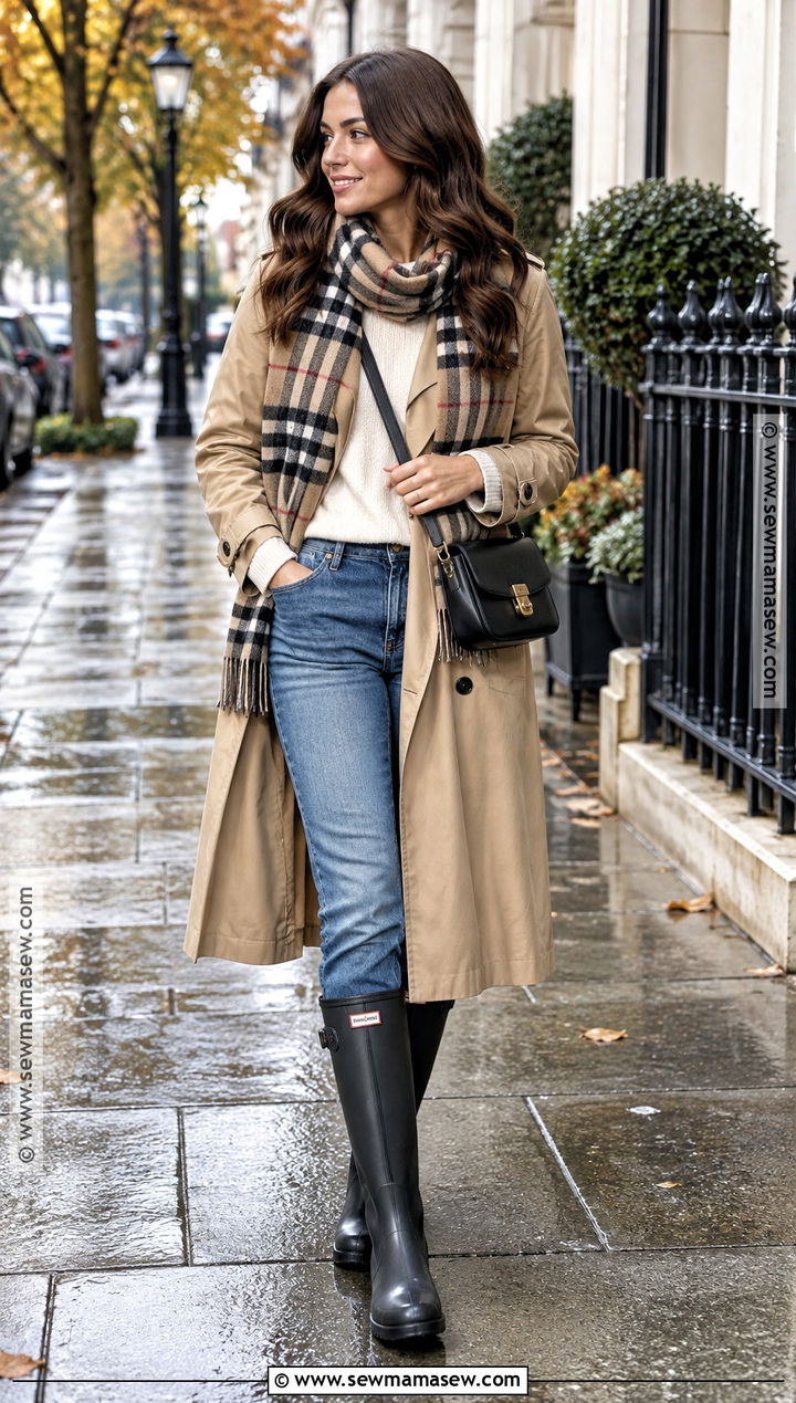 Trench Coat With Jeans And Tall Rain Boots - 15 Fall Fashion Rain Boot Ideas