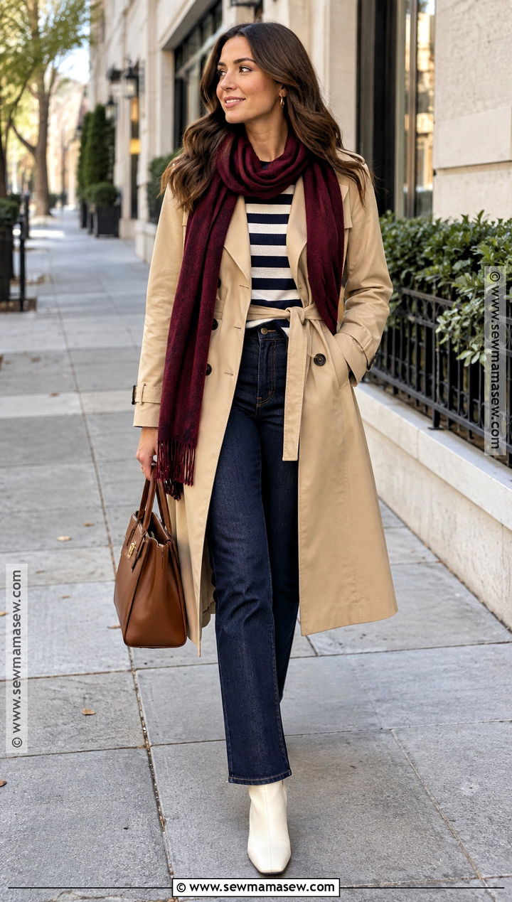 Trench Coat With Jeans And White Boots - 20 Fall Outfits With White Boots