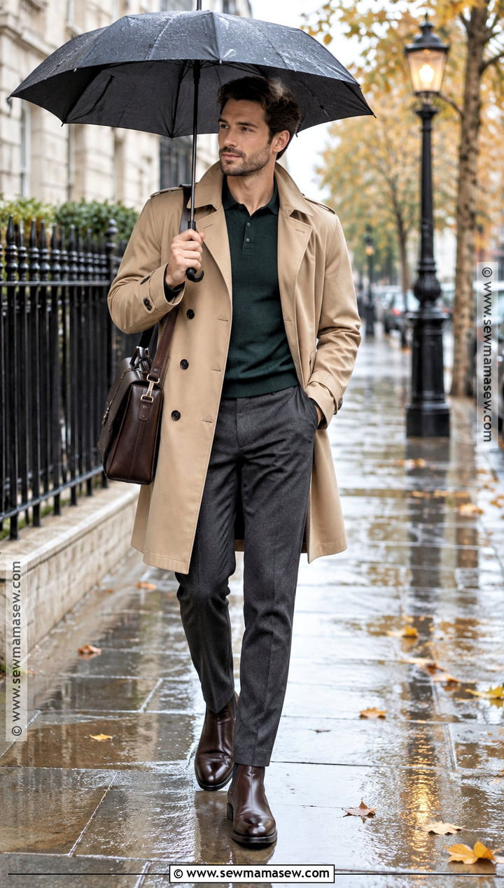 Trench Coat With Knit Polo And Trousers - 20 autumn male outfit ideas