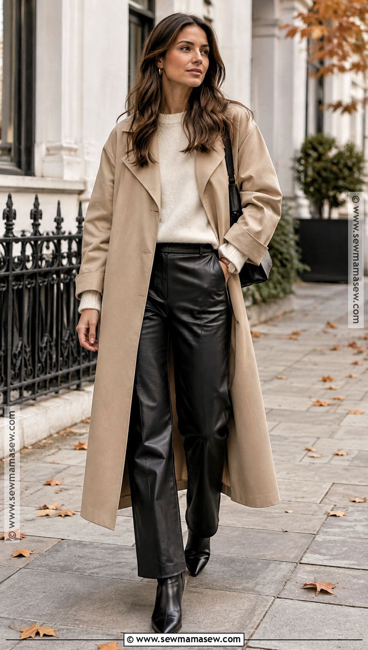 Trench Coat With Leather Pants And Ankle Boots - 20 fall outfits trench coat