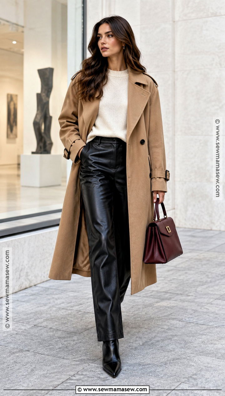 Trench Coat With Leather Pants and Ankle Boots - 20 autumn trench coat outfit ideas