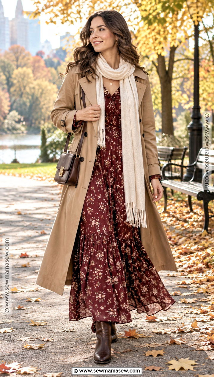 Trench Coat With Maxi Dress And Boots - 20 fall outfits trench coat