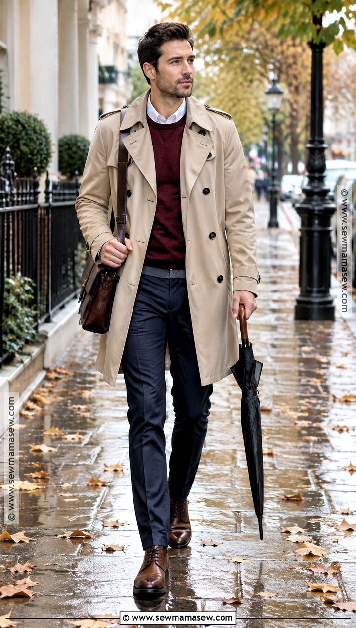 Trench Coat With Merino Sweater And Chinos - 15 Mens Smart Casual Outfits Autumn