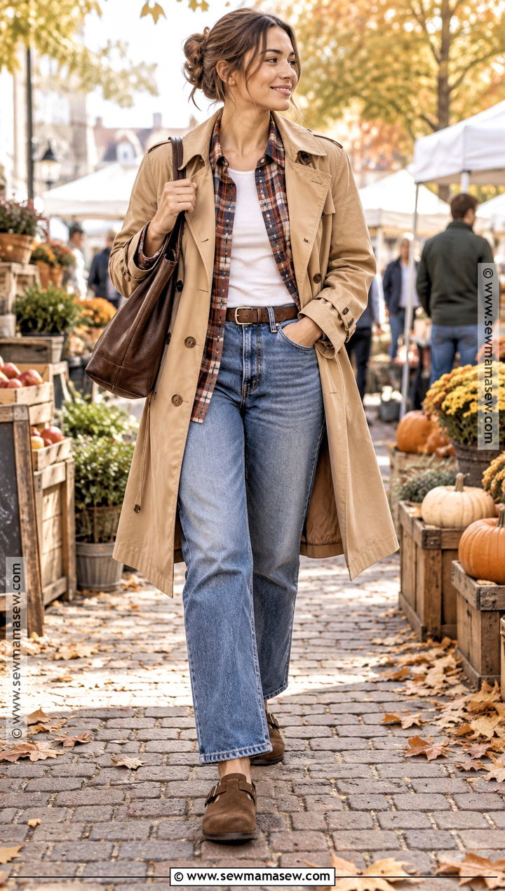 Trench Coat With Plaid Shirt And Relaxed Jeans - 15 casual fall trench coat ideas