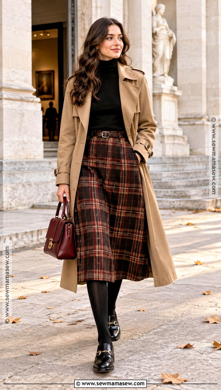 Trench Coat With Plaid Skirt And Loafers - 20 Trench Coat Outfit Autumn Ideas
