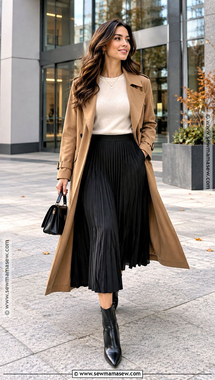 Trench Coat With Pleated Midi Skirt - 20 fall outfits trench coat