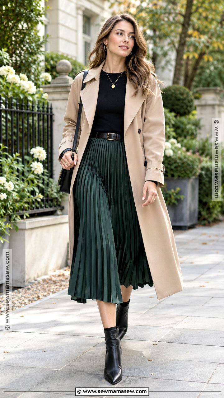 Trench Coat With Pleated Midi Skirt - 20 autumn trench coat ideas