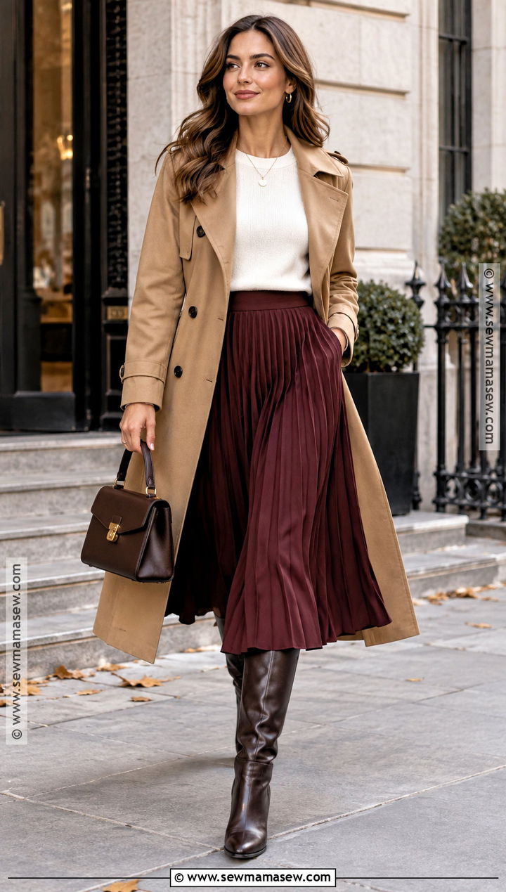 Trench Coat With Pleated Skirt And Sweater - 20 autumn outfits trench coat