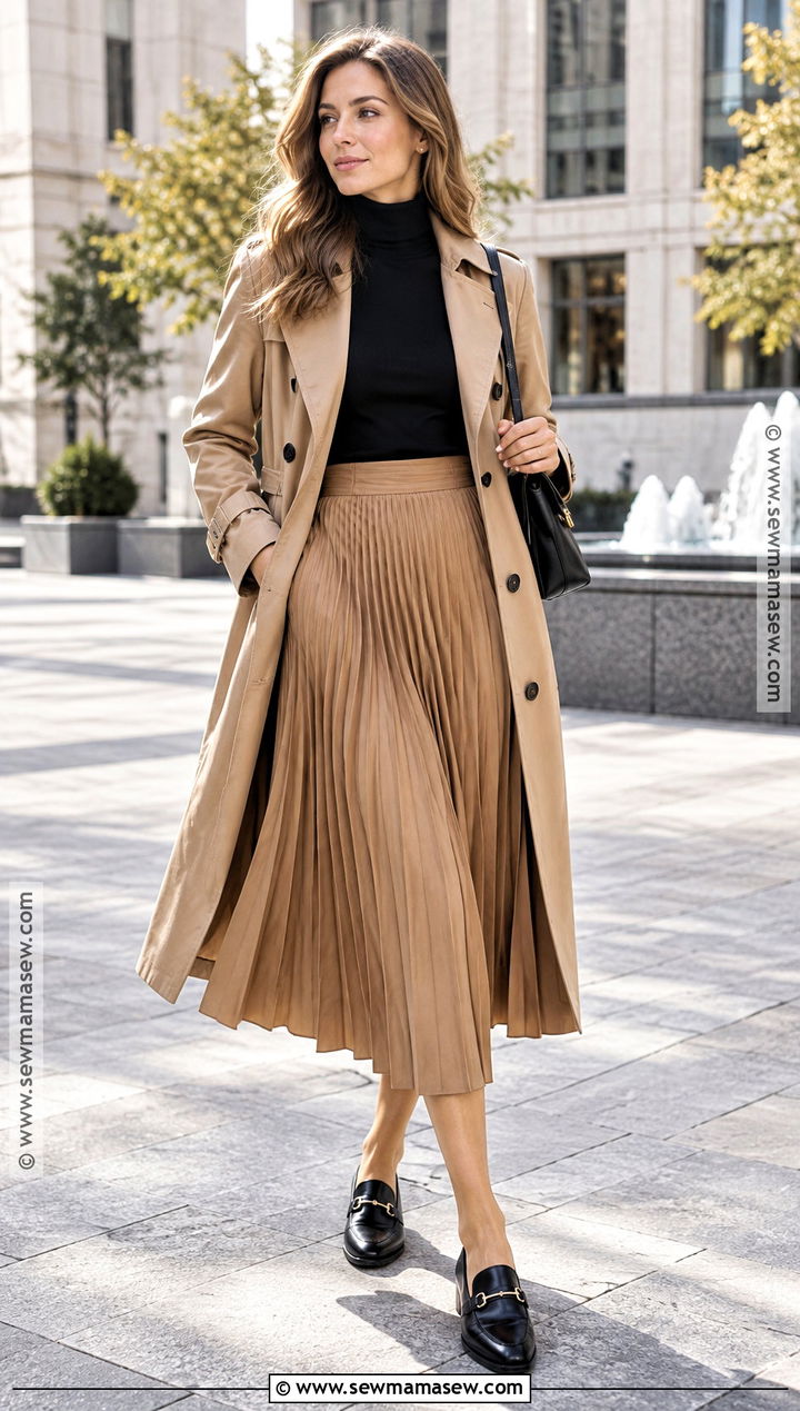 Trench Coat With Pleated Skirt And Turtleneck - 25 trench coat outfit fall ideas