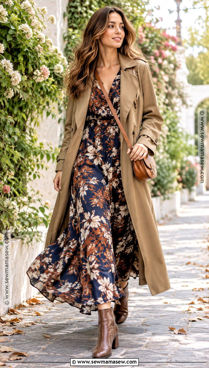 Trench Coat With Printed Maxi Dress And Boots - 20 Trench Coat Outfit Autumn Ideas