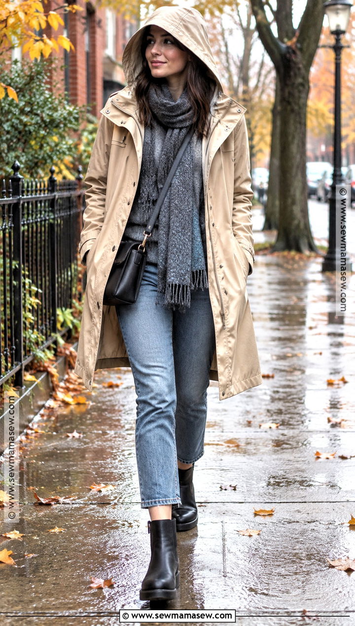Trench Coat With Rain Boots And Layered Sweater - 25 trench coat outfit fall ideas