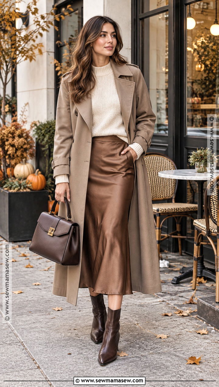 Trench Coat With Satin Midi Skirt And Knit Sweater - 20 Trench Coat Outfit Autumn Ideas