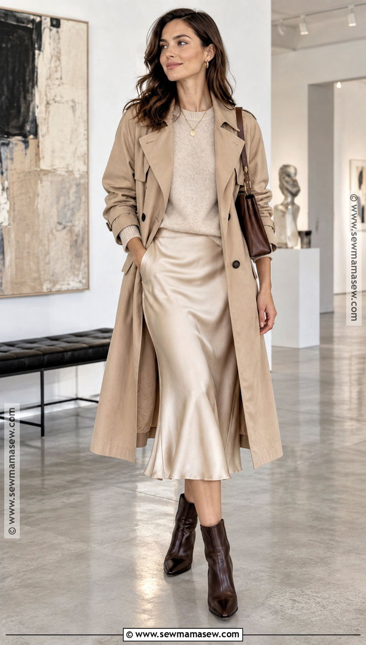 Trench Coat With Satin Midi Skirt And Knit Sweater - 25 trench coat outfit fall ideas