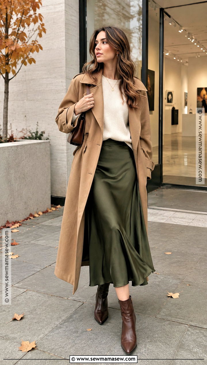 Trench Coat With Satin Midi Skirt And Sweater - 25 fall trench coat outfits